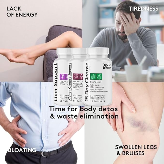 Youth & Tonic 3X Body Cleanse and Detox Pills for Women & Men with Liver, Kidney, Colon Supplements to Support Healthy Functions and for Loss of Unwanted Impurities and Metabolic Waste. 120 Capsules