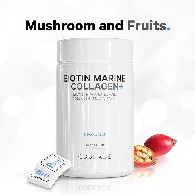 Codeage Biotin Marine Collagen Peptides - Wild-Caught Marine Collagen Types I & III, 10,000 mcg Biotin, Vitamins C & E, Hyaluronic Acid, Amino Acids, Fruit and Herb Blend, Non-GMO - 120 Capsules