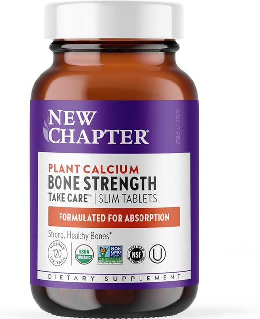 New Chapter Calcium Supplement - Bone Strength Organic Calcium with Magnesium, Vitamin D3+K2, 70+ Trace Minerals for Bone Health, Gluten Free, Easy to Swallow Slim Calcium Tablets - 120 Count