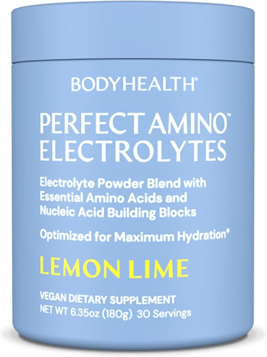 BodyHealth PerfectAmino Electrolytes Powder, Hydration Powder, Sugar Free Electrolyte Drink Mix, Keto Electrolytes Powder, Non GMO, Lemon Lime (30 Servings)