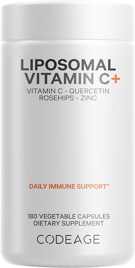 Codeage Liposomal Vitamin C 1500mg with Zinc, Elderberry, Citrus Bioflavonoids Grapefruit, Lemon, Orange Powder, Quercetin & Rose HIPS Fruit – Vegan Supplement - Non-GMO, Vegan Pills, 180 Capsules