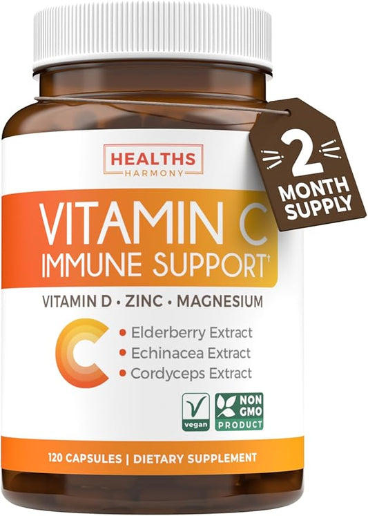 Vitamin C Immune Support Supplement - Immunity Boost Blend with Elderberry Vitamin C and Zinc for Daily & Seasonal Support - Immunity Supplement with Magnesium Zinc Vitamin C and D (2 Months Supply)