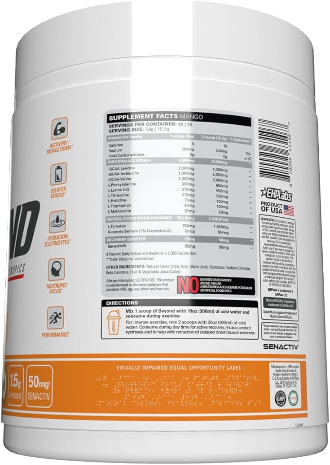 EHP Labs Beyond BCAA Powder Amino Acids Supplement for Muscle Recovery - 8g of Sugar Free BCAAs Amino Acids Post Workout Recovery Powder & 10g of EAA Amino Acids Powder - 60 Servings (Mango)