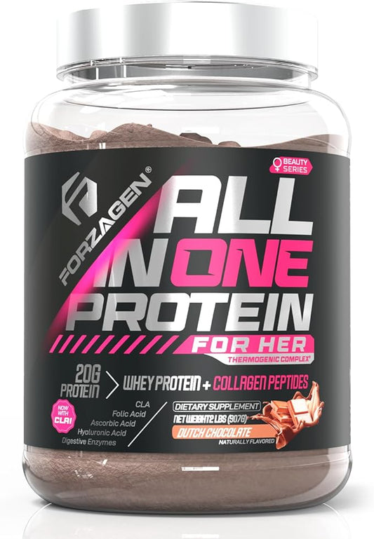 Forzagen All in One Protein for Her | Women’s Protein Powder with Multi Collagen Peptides | Hydrolyzed Collagen Supplement, Gut Health, Great for Pre & Post Workout | Dutch Chocolate, 30+ Servings