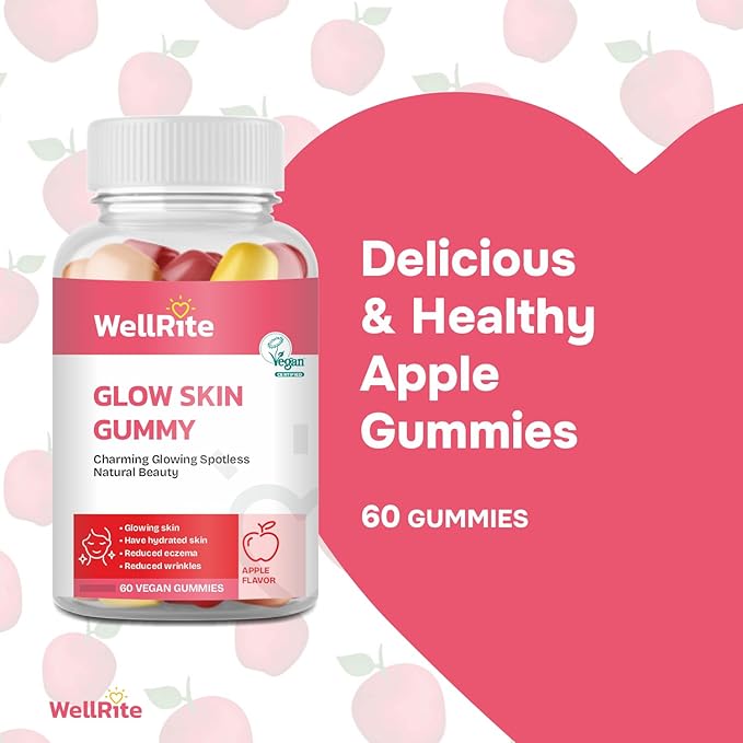 Glow Skin Gummy Vitamins, 60 Count, Apple Flavored, Vegan, Gelatin Free, Gluten Free, Nut Free, Glowing & Hydrated Skin, Reduced Eczema, Reduced Wrinkles