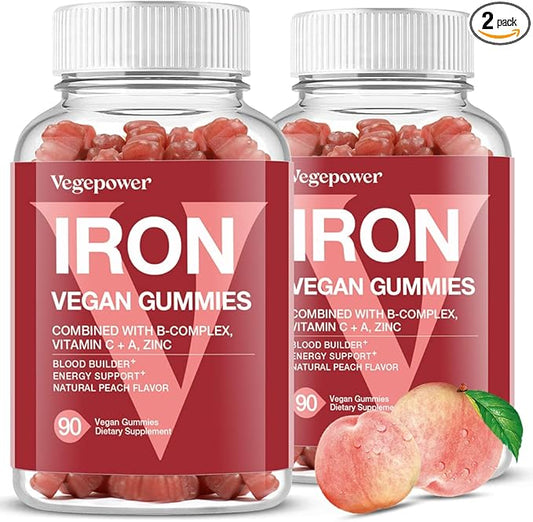 Vegan Iron Gummies Supplement - Multivitamin with Iron for Women & Kids - Blood Builder & Energy Support for Iron Deficiency, Anemia, No After Taste - Peach Flavor（2 Packs）