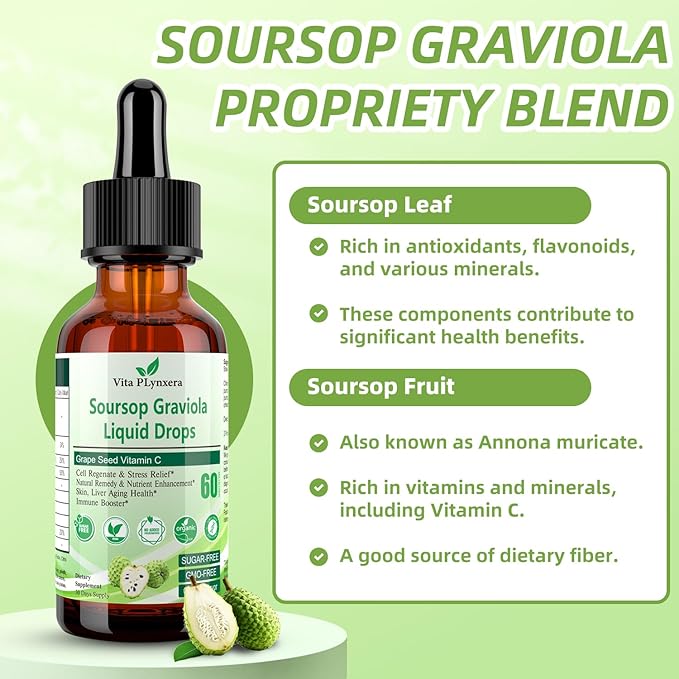 Soursop Graviola Liquid Drops, Soursop Extract Multivitamin Drops w. Sea Moss, Grape Seed, Super Concentrated Unrefined Soursop Oil Organic for Skin Immune Boost Detox, Soursop Bitters Liquid 2 Fl/Oz