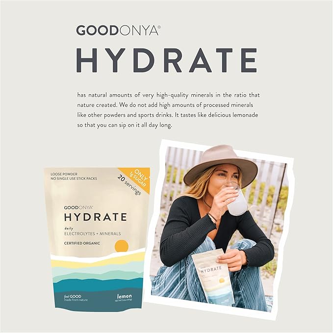 GOODONYA Organic Hydration Electrolyte Powder | Lemon, Coconut Water, Magnesium, Himalayan Pink Salt | Only 1g Sugar, No Artificial Flavors | USDA Organic & Plant-Based | 20 Servings