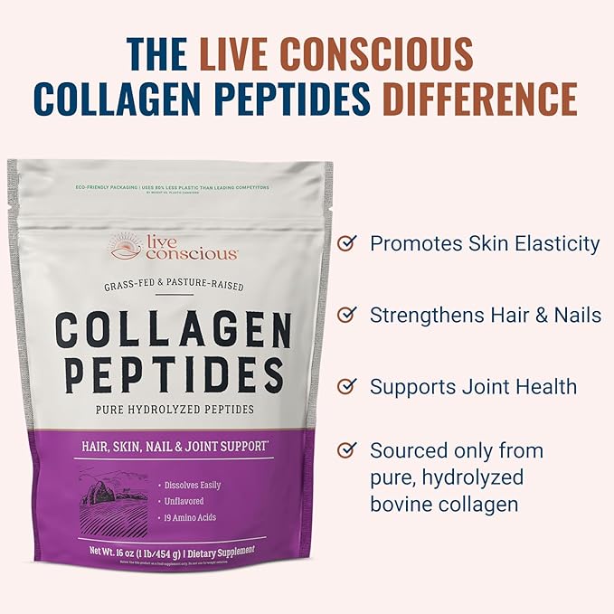 Live Conscious Collagen Powder Hydrolyzed Collagen Peptides Type I & III - Keto & Paleo Friendly - Unflavored - 20 Servings, 7.8 oz