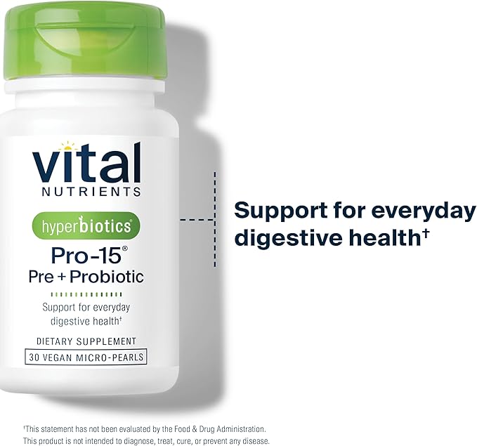 Hyperbiotics Vital Nutrients Pro-15 Pre + Probiotic | 15 Strains| Supports Occasional Constipation, Diarrhea, Gas & Bloating | Immune, Digestive & Gut Health | Shelf-Stable | Vegan | 30 Pearl Tablets