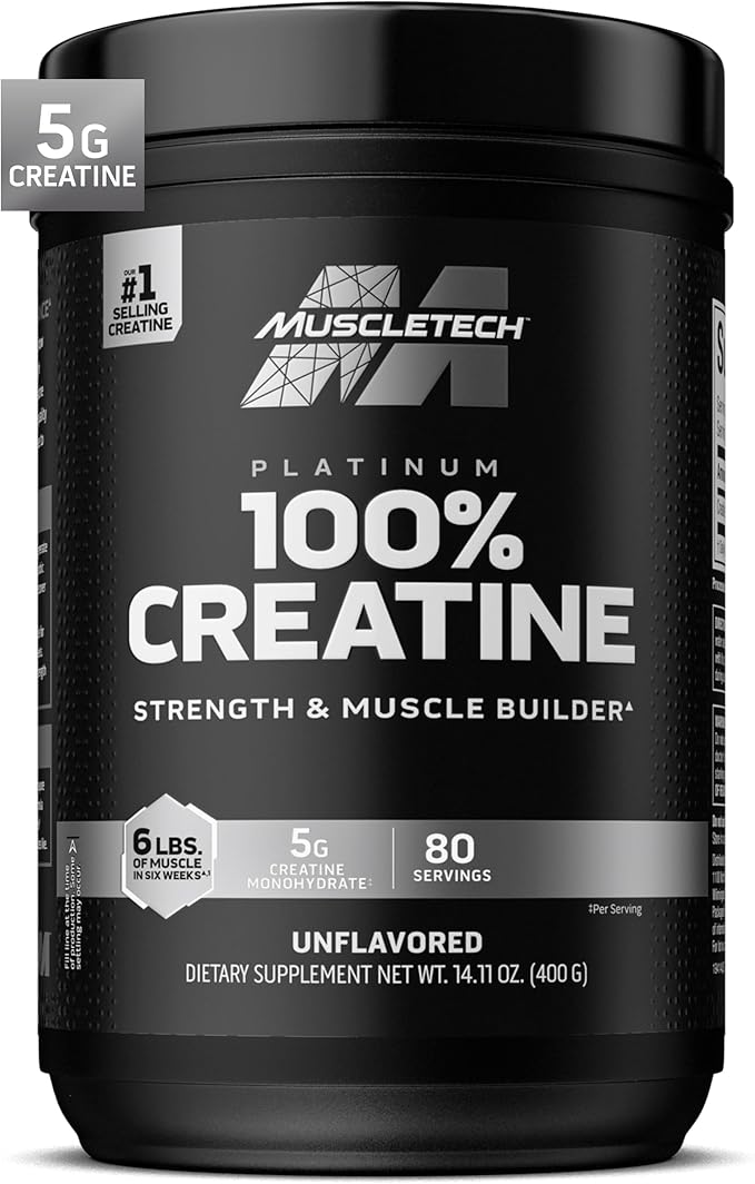 Creatine Monohydrate Powder MuscleTech Platinum Pure Micronized Muscle Recovery + Builder for Men & Women Workout Supplements Unflavored (80 Servings)