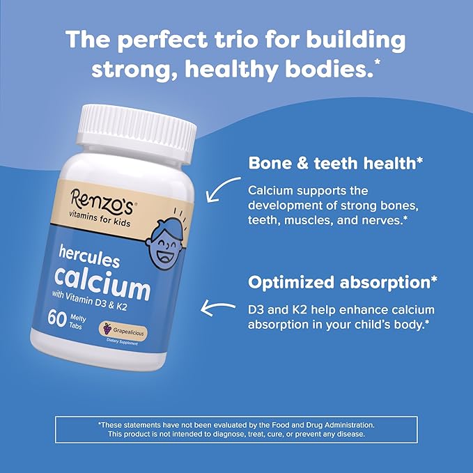 Renzo's Hercules Calcium Supplement with Vitamin D3 & K2 - Dissolvable - for Ages 2+ - Kids Vitamins - 60 Grape-Flavored Melty Tabs