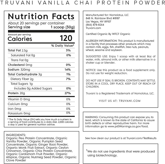 Truvani Vegan Pea Protein Powder | Vanilla Chai | 20g Organic Plant Based Protein | 20 Servings | Keto | Gluten & Dairy Free | Low Carb | No Added Sugar