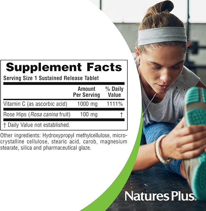 Natures Plus Vitamin C with Rose HIPS, Sustained Release - 1000 mg Ascorbic Acid, 60 Vegetarian Tablets -Gluten-Free - 60 Servings