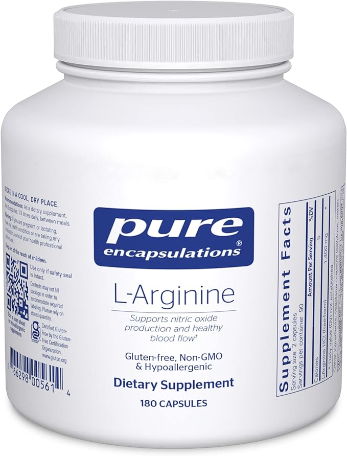 Pure Encapsulations L-Arginine - 1,400 mg - Support Nitric Oxide Production - Heart Health & Blood Flow - Gluten Free & Non-GMO - 180 Capsules