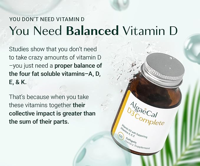 ALGAECAL D3 Complete - Vitamin D Complex - D3 K2 Vitamin 1000iu, ADEK Vitamins Bariatric, Best Vitamin D Supplement. 60 Easy-Swallow Softgels, 3 Month Supply