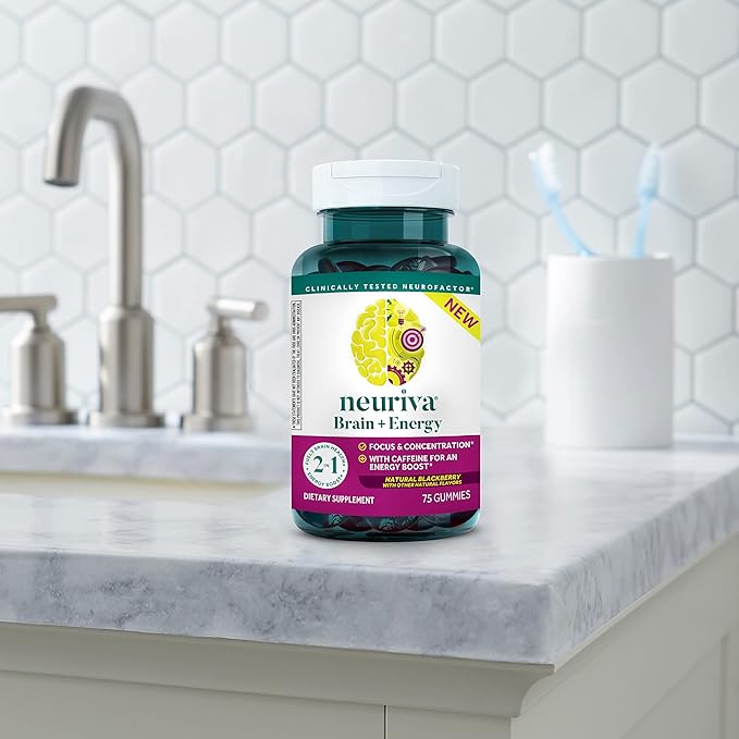 NEURIVA Brain + Energy Gummies, Nootropic Brain Supplements for Focus and Concentration with Neurofactor, Vitamin B12 & Caffeine for an Energy Boost*, 75ct Natural BlackBerry
