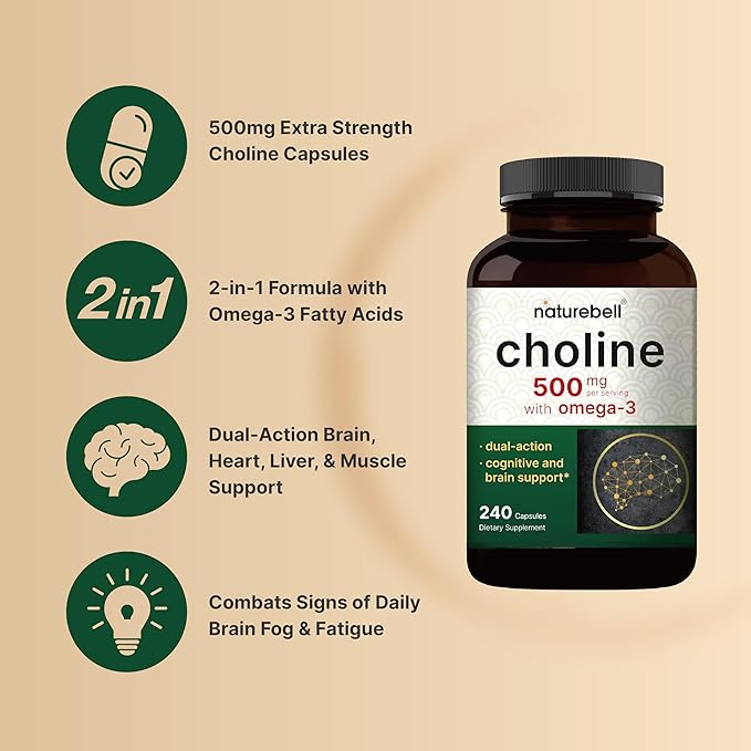 Choline Supplements 500mg with Omega-3 Fatty Acids, 240 Capsules | High Potency Choline Bitartrate – Prenatal Support During Pregnancy – Promotes Energy, Liver, Brain, & Cognitive Health