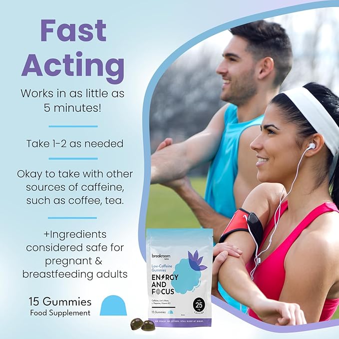 Energy and Focus Gummies - L-Theanine Caffeine, Lions Mane, Vitamin B12 - Low Sugar, Vegan Energy Chews + Brain Supplements for Memory and Focus - Blue Raspberry Flavor, 15 Servings