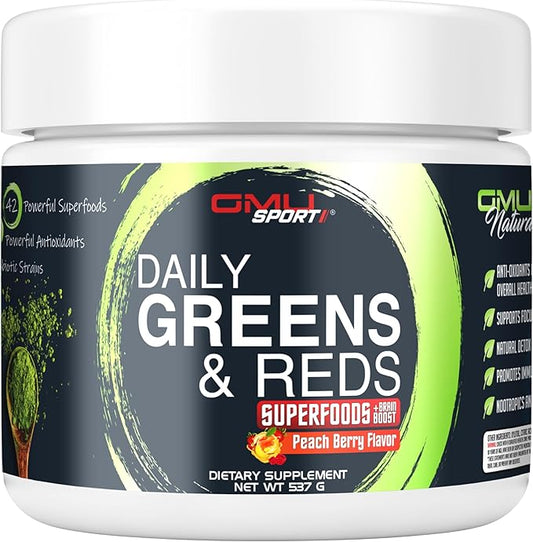 GMU SPORT Greens and Reds Superfood Powder - Reds and Greens Powder Supplement with 42 Superfoods, Antioxidants, Adaptogen and Probiotics for Digestive Health and Mental Focus - Peach Berry