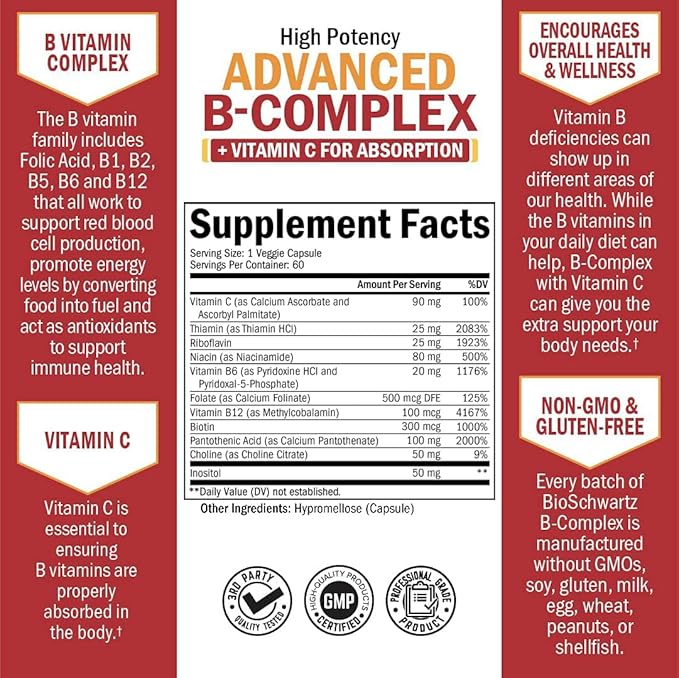 Vitamin B Complex with Vitamin C for Maximum Absorption - Methylcobalamin b12 & Folate Folic Acid Supplement - Vitamins B1 B2 B3 B5 B6 B7 B9 for Immune Energy & Nervous System Support - Non-GMO -60ct