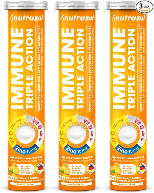 nutrazul Immune Triple Action Effervescent Tablet-1000 mg Vitamin C, Vitamin D, Zinc I Orange 20's (Pack of 3) I Gluten Free, Sugar Free, Lactose Free & Preservative Free I Maintains Immune Function