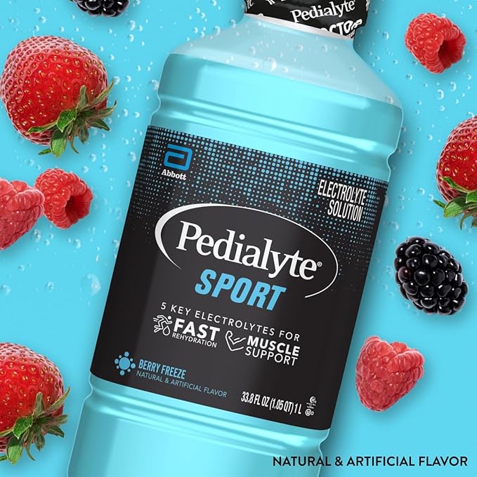 Pedialyte Sport Electrolyte Drink, Fast Hydration with 5 Key Electrolytes for Muscle Support Before, During, & After Exercise, Berry Freeze, 33.8 Fl Oz (Pack of 4)