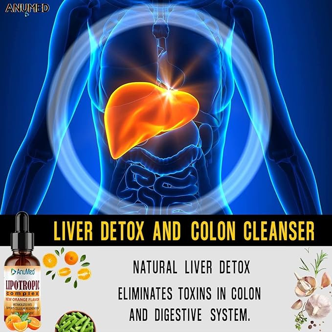 ANUMED - Lipotropic Complex Liquid Drops with Vitamin B12, B6, Folic Acid, Choline, Inositol for Liver Health, Natural Cleanser, Detox + Boosts Natural Energy Levels. Vegan, Non-GMO, Gluten-Free (2oz)