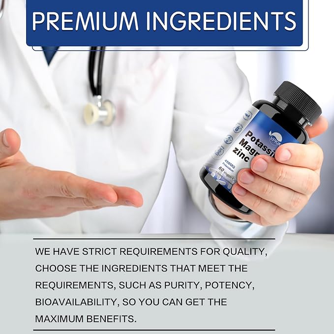 Potassium Magnesium Supplement 1000mg,Magnesium Potassium Zinc for Leg Cramps,High Absorption Magnesium Complex,Vegan (60 Capsules)