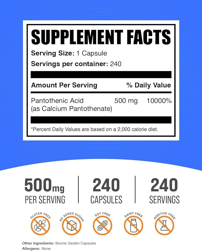 ﻿BulkSupplements.com Vitamin B5 Capsules - as Pantothenic Acid, B Vitamin Supplement, Pantothenic Acid 500 mg - Gluten Free, 1 Capsule per Serving, 240 Capsules (Pack of 1)