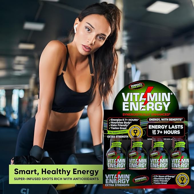 Vitamin Energy Pre Workout Drink - Keto Friendly Sugar Free Shots | Natural Clean Green Tea Caffeine with Proprietary Endurance Blend | Energize up to 7+ Hours - Sour Apple - 1.93 Fl Oz- Pack of 48