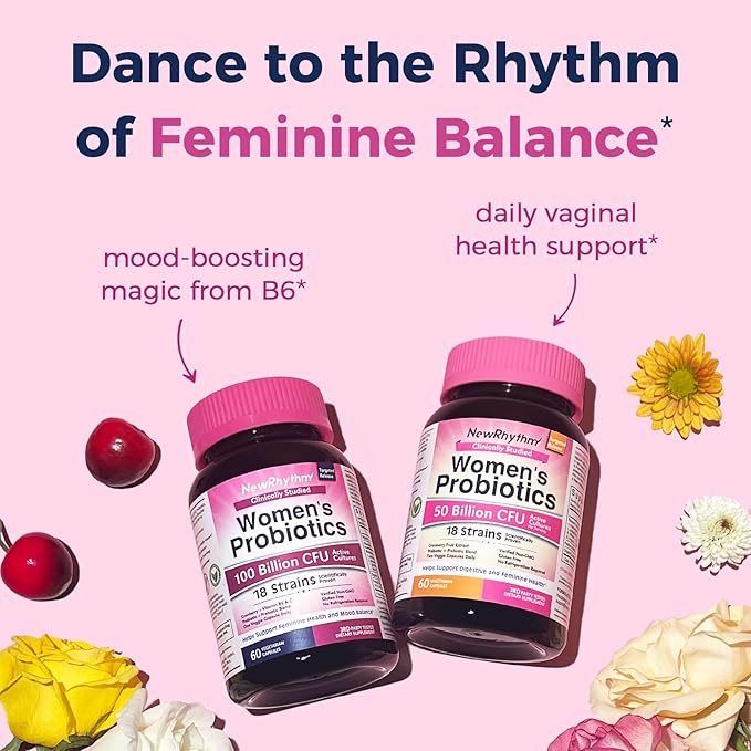 NewRhythm Probiotics for Women, P-5-P, Vitamin C & Organic Cranberry, 100 Billion CFU 18 Strains, Prebiotics & Probiotics, Vaginal Probiotics for Digestive Health & PH Balance, 60 Capsules, No Dairy