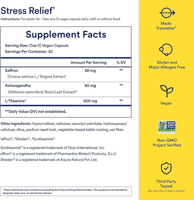 Ritual Stress Relief Supplement BioSeries with 8-Hour Release Support (Shoden® Ashwagandha, Suntheanine® L-Theanine, and Saffron as affron®*) 30 Day Supply