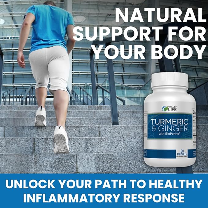 Well of Life: Turmeric & Ginger with BioPerine®: Joint Support - 655mg | 60 Veg Capsules. Helps Immune Function, Digestive Health, and Overall Wellness. Made in USA.