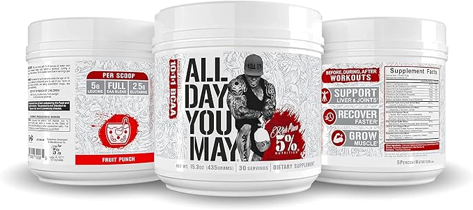 5% Nutrition Rich Piana AllDayYouMay BCAA Powder | Premium Intra & Post Workout Amino Acids, Hydration, Endurance, Muscle Recovery, Joint & Liver Support | 15.3 oz, 30 Servings (Fruit Punch)