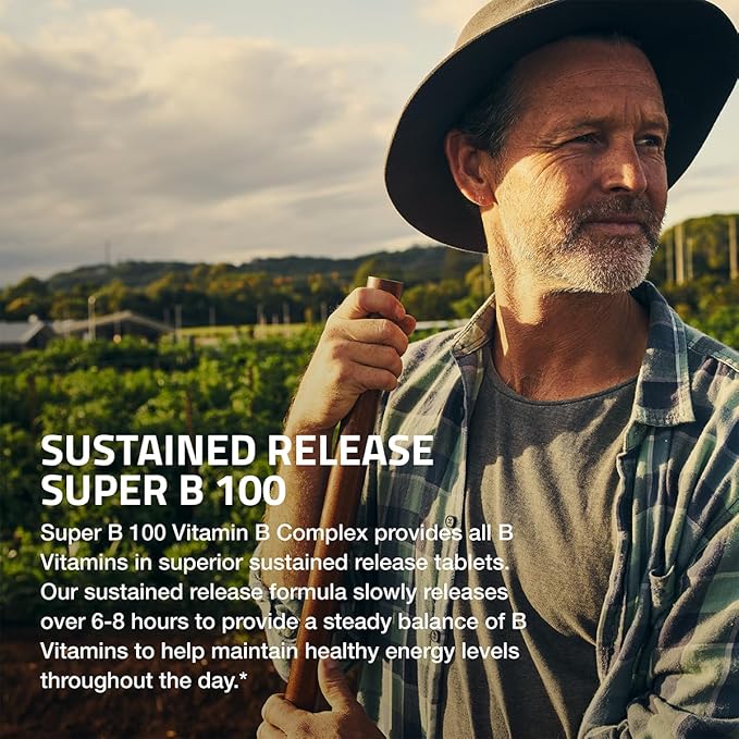 Bronson Vitamin B 100 Complex High Potency Sustained Release (Vitamin B1, B2, B3, B6, B9 - Folic Acid, B12), 60 Tablets