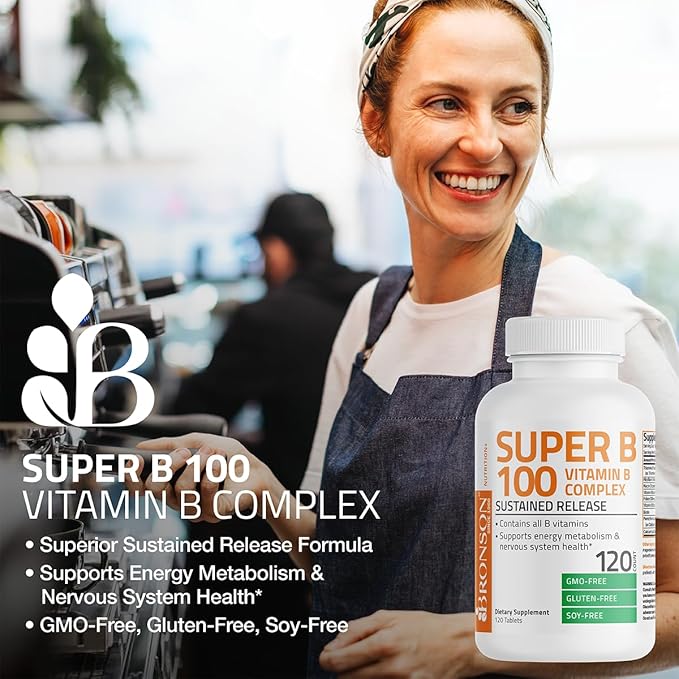 Bronson Vitamin B 100 Complex High Potency Sustained Release (Vitamin B1, B2, B3, B6, B9 - Folic Acid, B12), 60 Tablets