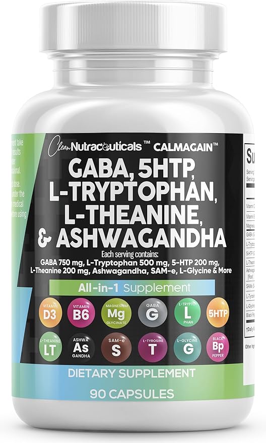 Clean Nutraceuticals GABA 5 HTP L Tryptophan L Theanine Ashwagandha SAM-e L-Glycine - Mood Support Vitamins for Women and Men with L-Tyrosine - 1 Pack