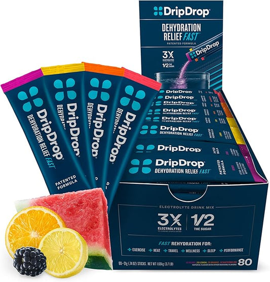 DripDrop Hydration - Bold Variety Pack - Electrolyte Drink Mix Single Serve Hydration Powder Packets - Watermelon, Berry, Lemon, Orange | Non-GMO, Gluten Free, Vegan | 80 Sticks