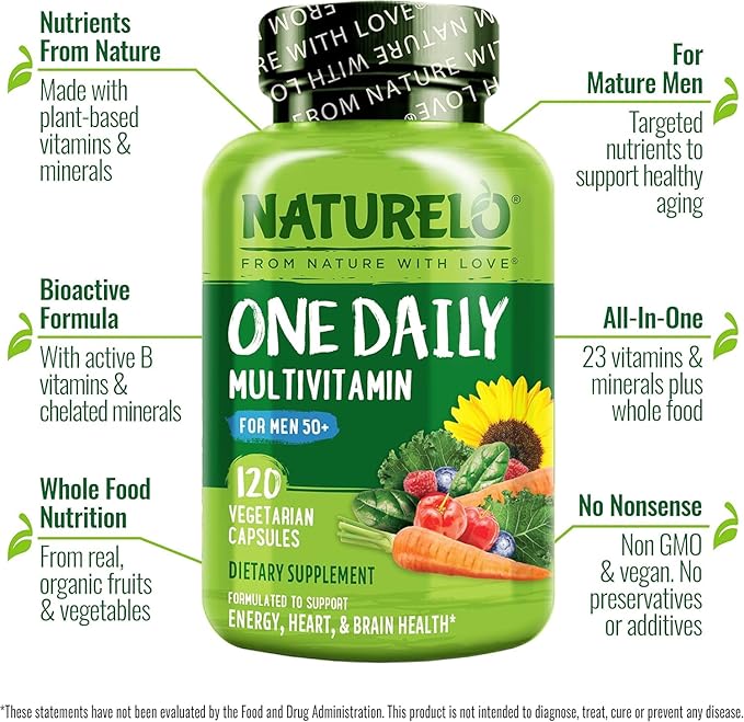 NATURELO Mens Multivitamins for Men 50+ - One Daily Multivitamin for Men with Vitamins, Minerals & Organic Whole Foods, Boost Energy & Health, Non-GMO, 120 Vegetarian Capsules