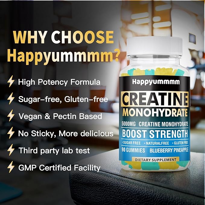 Creatine Monohydrate Gummies 5000mg for Men & Women, Chewables Creatine Monohydrate for Muscle Strength, Muscle Builder, Energy Boost, Pre-Workout Supplement(90 Count)-Blueberry Pineapple.