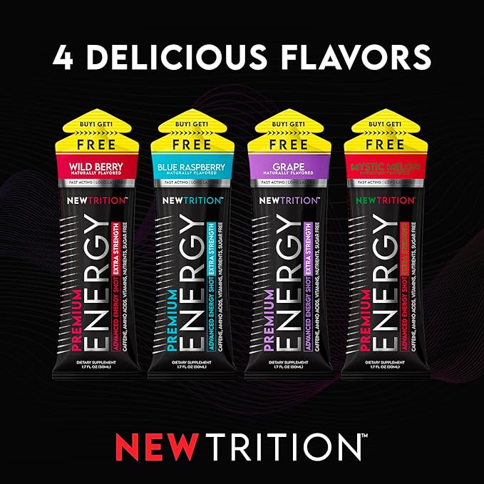NewTrition Extra Strength Energy Shots, Caffeine Energy Shots with Vitamin B & Amino Acids, Sugar-Free Vitamin Energy Shot, 1.7 fl oz, Mixed Flavors, 12 Count