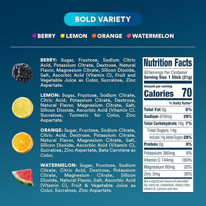 DripDrop Hydration - Bold Variety Pack - Electrolyte Drink Mix Single Serve Hydration Powder Packets - Watermelon, Berry, Lemon, Orange | Non-GMO, Gluten Free, Vegan | 80 Sticks