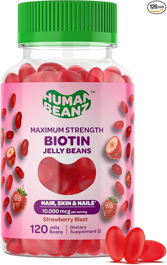 Biotin Jelly Bean Gummy Vitamins, Max Strength Biotin for Hair, Skin and Nails, 10000mcg per Serving, Hair Growth Vitamins for Men and Women, 120 Strawberry Blast Jelly Beans, Kosher