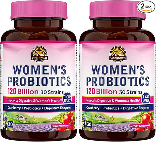 Vitalitown Women's Probiotics 120 Billion CFUs 1 Daily, 30 Strains, with Prebiotics & Digestive Enzymes & Cranberry, Gut & Vaginal Health, Vegan 60 Delayed Release Caps