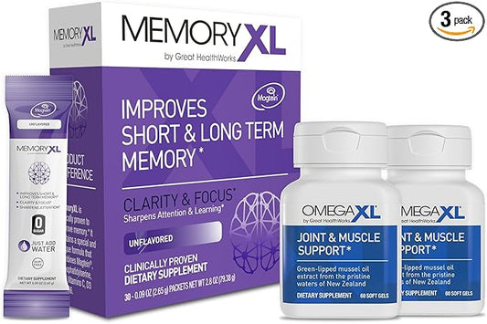 OmegaXL Joint Support Supplement for Relief - Natural Muscle Support, Green Lipped Mussel Oil, 60 Count (2 Pack). MemoryXL, Magnesium L-Threonate Brain Supplement - Memory & Focus Unflavored 30 Pack