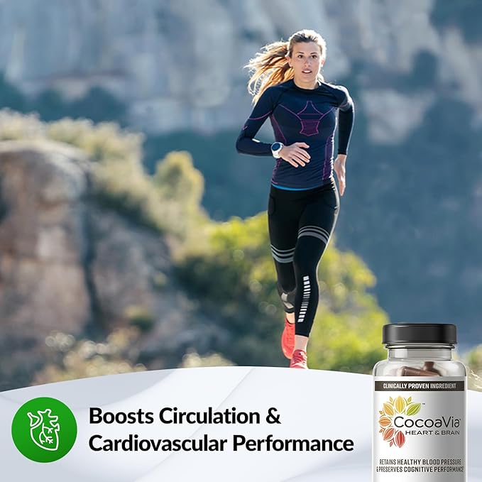 CocoaVia Heart & Brain Supplement, 30 Day, Cocoa Flavanol Extract, Memory & Circulation Booster, Nitric Oxide, Boost Oxygen & Energy, Plant Based, Gluten Free, Vegan, 60 Capsules