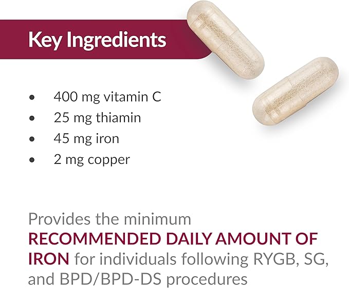 Bariatric Advantage Iron 45 mg with Vitamin C, Thiamin and Copper for Increased Absorption and Utilization, Easily Digestible for Gastric Bypass and Sleeve Gastrectomy Surgery Patients - 60 Count
