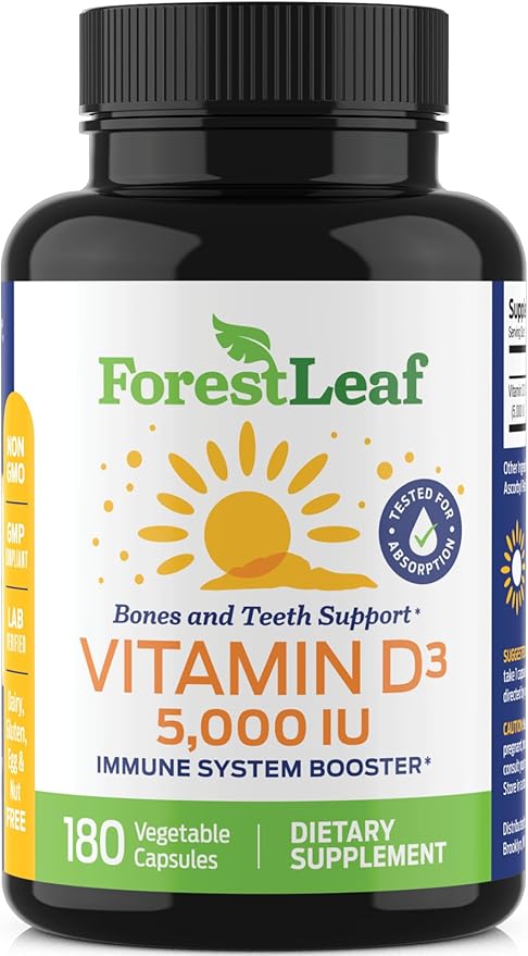 ForestLeaf Vitamin D3 5000 IU - Bone Health and Immune Support - Small Easy to Swallow Vegetable Capsules - Non-GMO Gluten Free VIT D - VIT D3 Vitamin D Supplements for Women and Men, 180 Count