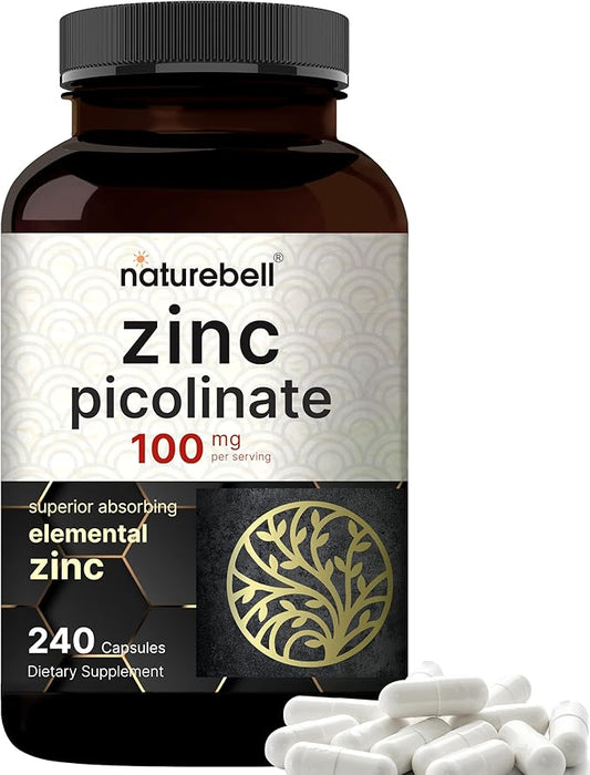 NatureBell High Potency Zinc Picolinate 100mg - 240 Capsules, Bioavailable Form of Zinc for Immune Support and Skin Health - Non-GMO and Gluten- Zinc Supplements